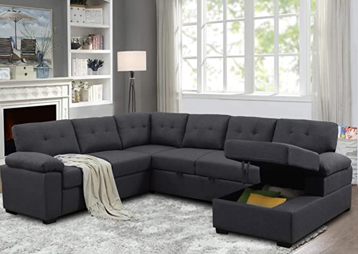 Sectional Couches Living Room Sleeper Sectional with Put Out Couch U Shaped Modular Corner Sectional Sofa Storage Chaise Furniture Sets, Deep Grey
