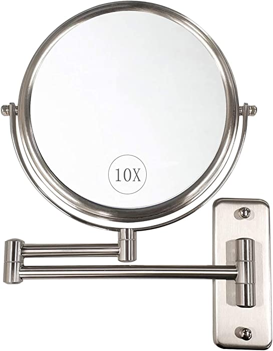 Wall Mounted Makeup Mirror - 10x Magnification 8'' Two-Sided Swivel Extendable Bathroom Mirror Nickel Finish ALHAKIN