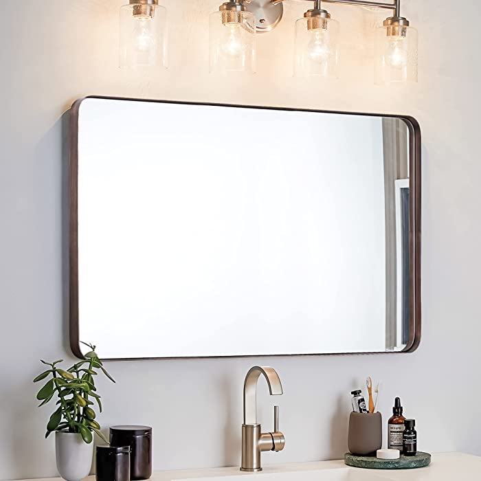 Clavie Brushed Bronze Bathroom Mirror, 24x36 Inch Metal Mirror with Rounded Corner Rectangle, Vertical or Horizontal Hanging Modern Bathroom Mirror, Decorative Wall Mirrors for Living Room, Bedroom