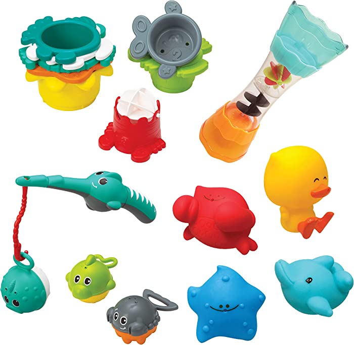 Infantino Splish & Splash Bath Play Set - Fishing Rod, Sea Pals, Bath Squirters, Stacking Cups, Fill & Spin Water Wand - Introduces Numbers, Stacking and Motor Skill Development - for Babies 0M+