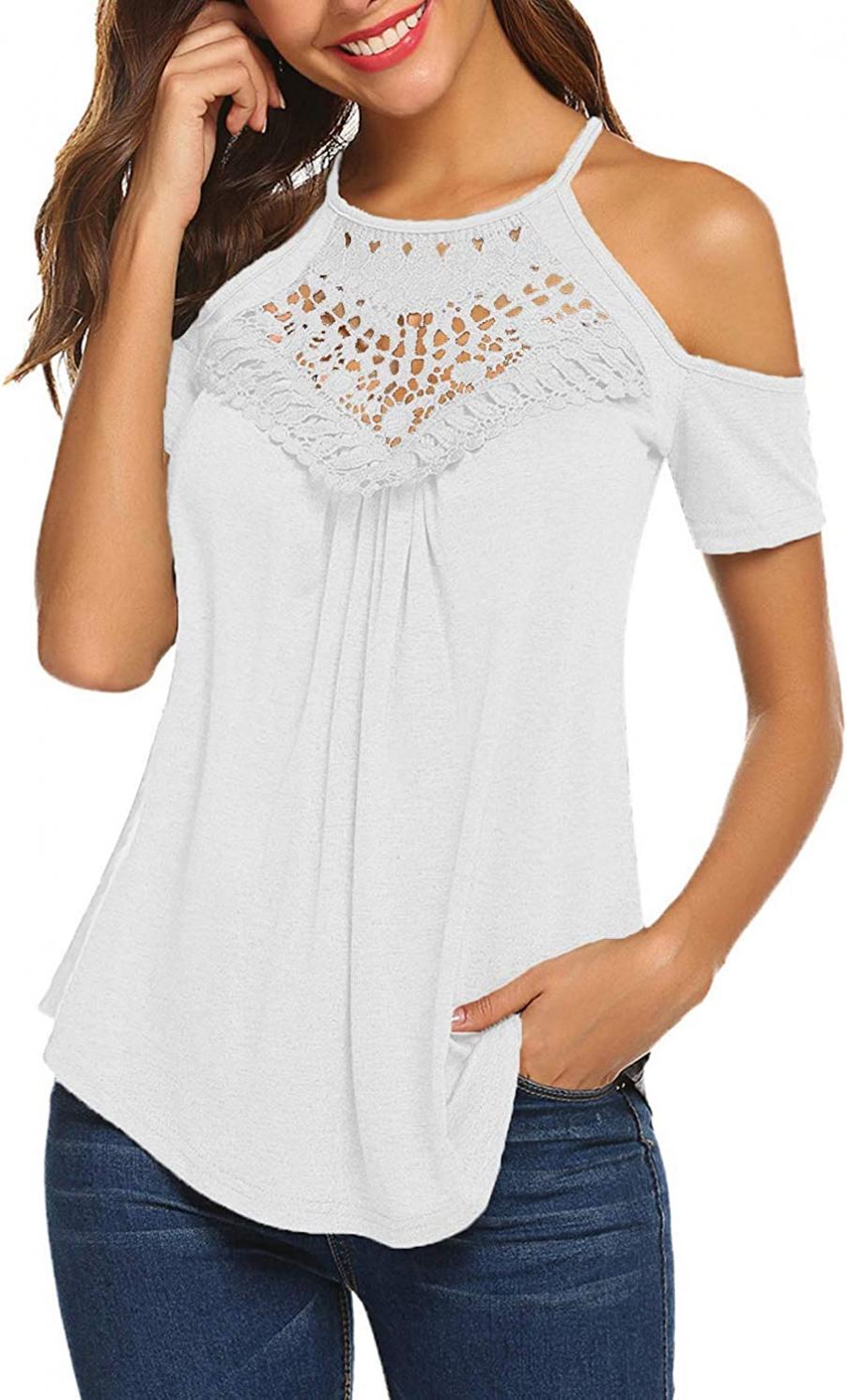 Bluetime Womens Summer Tops Halter Lace Short Sleeve Cold Shoulder Tops Casual Cute Shirts