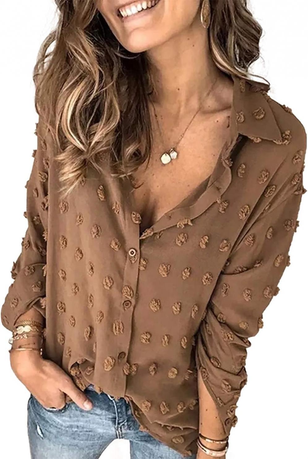 Astylish Women 2023 Pompom Button Down Shirt Casual Blouse Top
