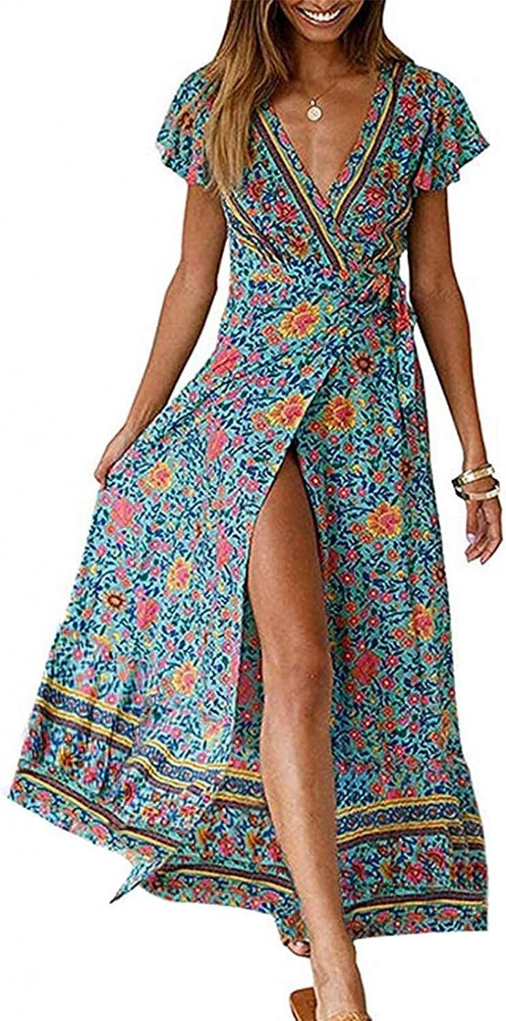 ZESICA Women's 2023 Bohemian Floral Printed Wrap V Neck Short Sleeve Split Beach Party Maxi Dress