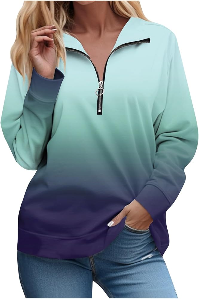 Quarter Zip Pullover Women Solid/Gradient Lapel Long Sleeve Sweatshirt Fall Oversized Casual Activewear Pullover