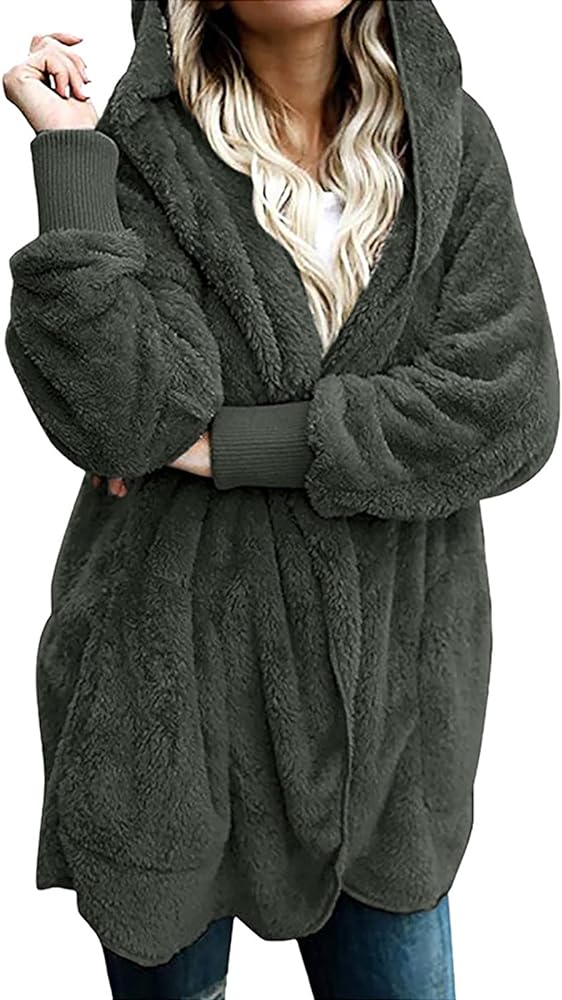 JEGULV Women Hooded Fleece Cardigans Lightweight Solid Color Faux Shearling Hoodie Plus Size Casual Fashion Winter Coats