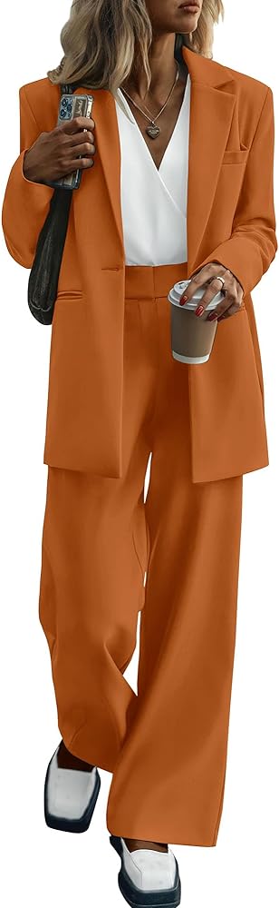 KIRUNDO Women's 2024 Fall 2 Piece Blazer Set Casual Loose Long Blazer Jackets and Dressy Wide Leg Pant Suits with Pockets