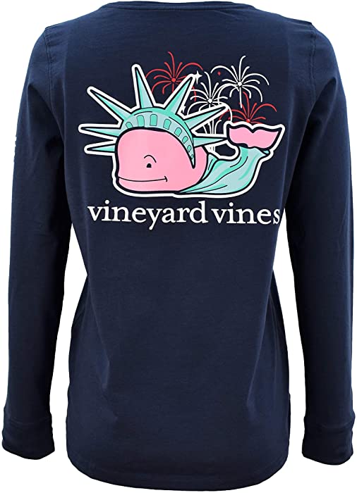 Vineyard Vines Women's Long Sleeve Graphic Tee (Statue of Liberty Whale Fill/Blue Blazer, Small)