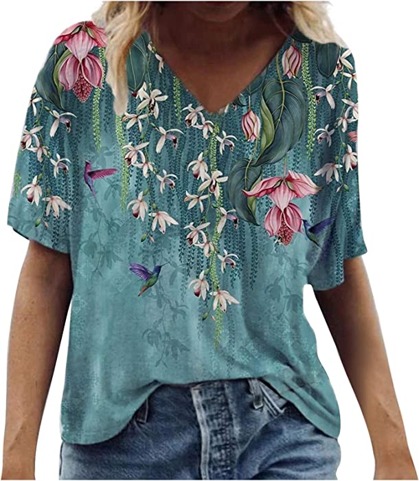 Women's Summer Short Sleeve Tunic Tops V Neck Colorful Floral Printed Tees Shirt Casual Comfy Blouses Tops