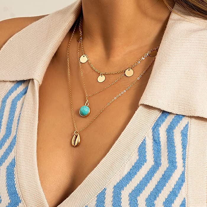 Girlssory Boho Layered Turquoise Necklaces Shell Necklace Gold Sequin Pendant Necklace Chain Jewelry for Women Teens and Girls (Gold)