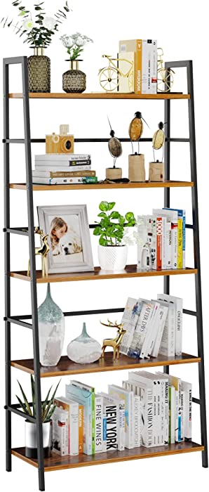 SpringSun 5-Tier Bookshelf，Wood Bookcase and Display Shelf Furniture with Metal Frame for Home and Office（Brown）