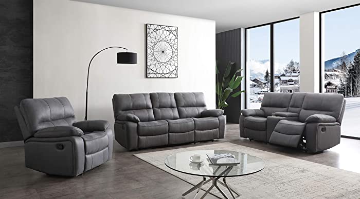 Betsy Furniture Microfiber Reclining Sofa Couch Set Living Room Set 8007 (Grey, Sofa+Loveseat+Recliner)