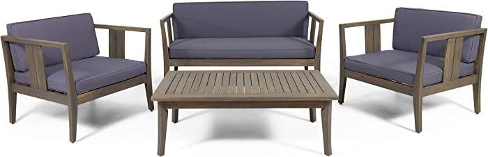 Beatrice Outdoor 4 Seater Acacia Wood Chat Set, Gray and Dark Gray
