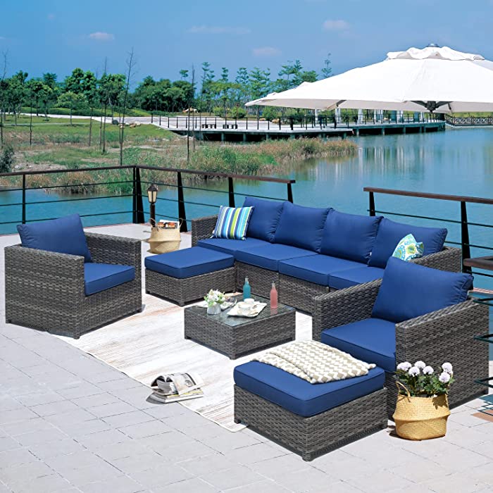 ovios Patio Furniture Set, 9 PCS Big Size Outdoor Backyard Sets PE Wicker Sectional with Coffee Table and Pillows and Patio Covers, Garden Wicker Sofa Set, No Assembly Required (Navy Blue)