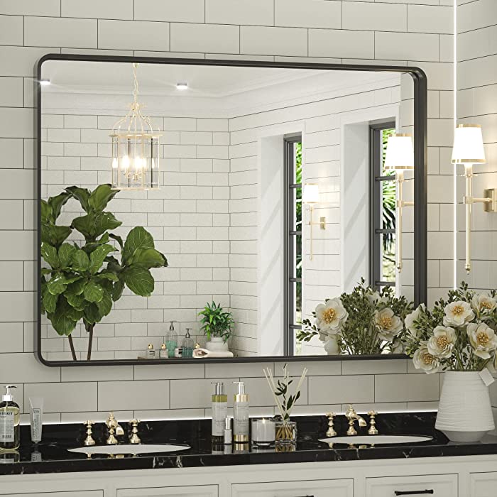 Keonjinn Wall Mirror for Bathroom 40 x 30 Inch Black Framed Mirror for Bathroom Large Farmhouse Black Bathroom Mirror Decorative Rounded Corner Metal Rectangle Mirror with Bracket(Horizontal/Vertical)