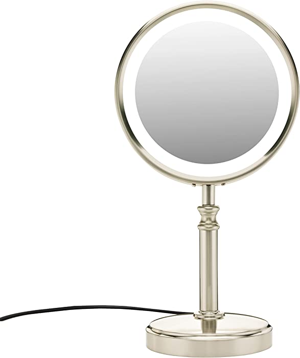 Conair Reflections Double-Sided LED Lighted Vanity Makeup Mirror, 1x/10x magnification, Satin Nickel