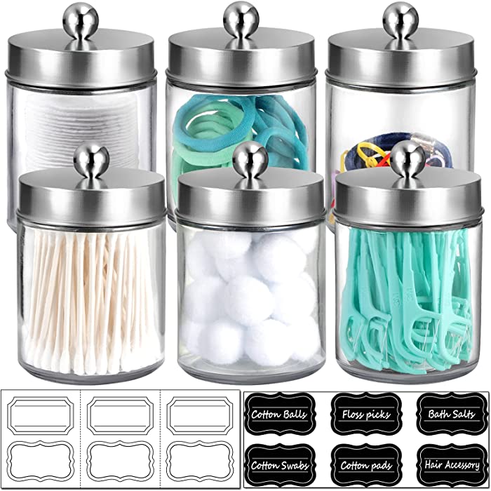6 Pack Apothecary Jars Bathroom Vanity Organizer- Rustic Farmhouse Decor Storage Canister with Stainless Steel Lids- Qtip Dispenser Holder for Q-Tips,Cotton Swabs,Rounds,Ball,Flossers (Brushed Nickel)