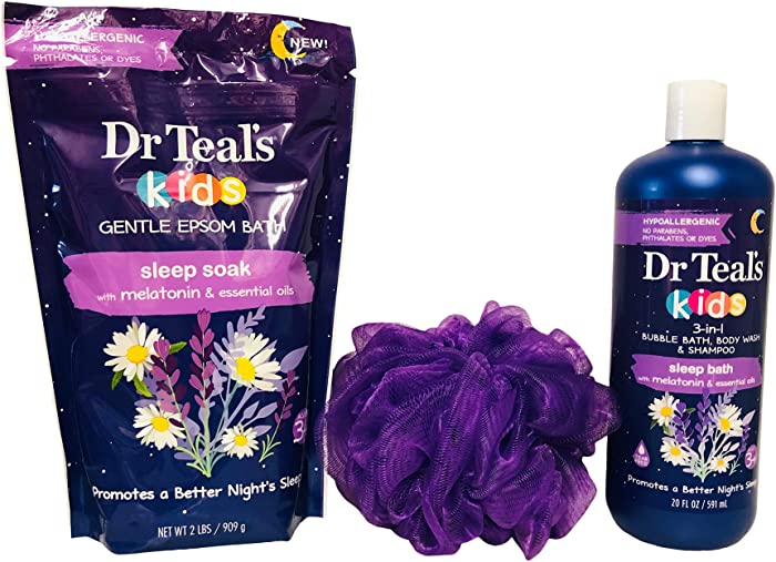 Dr. Teal’s Melatonin Body Wash and Sleep Soak for Kids Bundle: Pure Epsom Salt Melatonin Sleep Soak (32 oz.) + 3 In 1 Sleep Bath with Melatonin & Essential Oils (20 oz.) + Purple Loofah