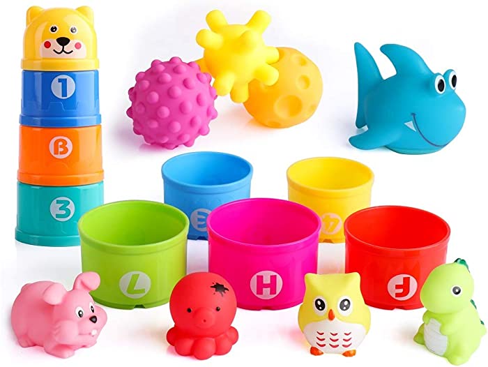 Cylord Stacking Cups Bath Toys for Toddlers 1-3, Light Up Baby Bathtub Toys with Textured Sensory Balls, for Kids Infant Boy Girl Christmas Birthday Gifts