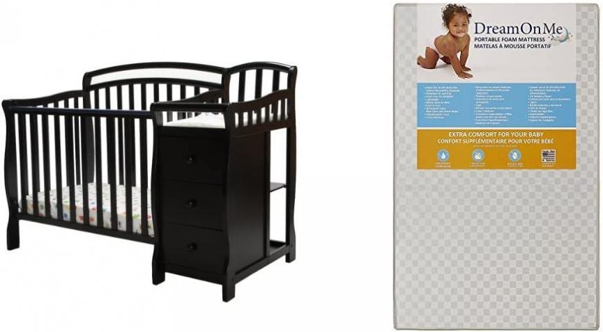 Dream On Me Casco 4 in 1 Mini Crib and Dressing Table Combo with Dream On Me 3 Portable Crib Mattress, White