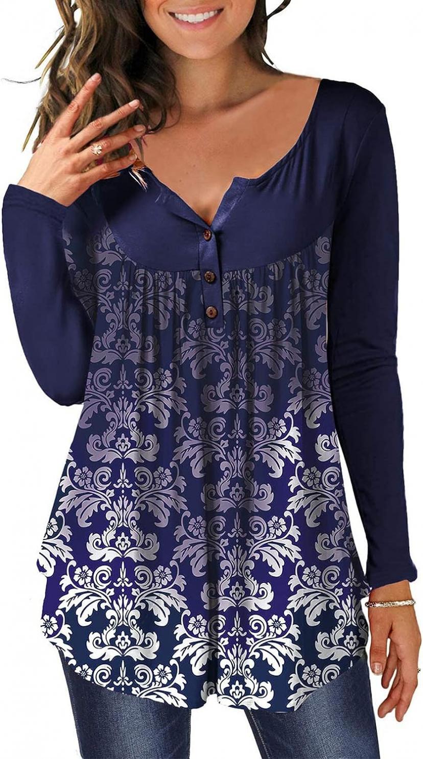 Women Plus Size Tunic Tops Long Sleeve Casual Floral Printed Henley V Neck Shirts Fall Fashion 2022 Spring Tee