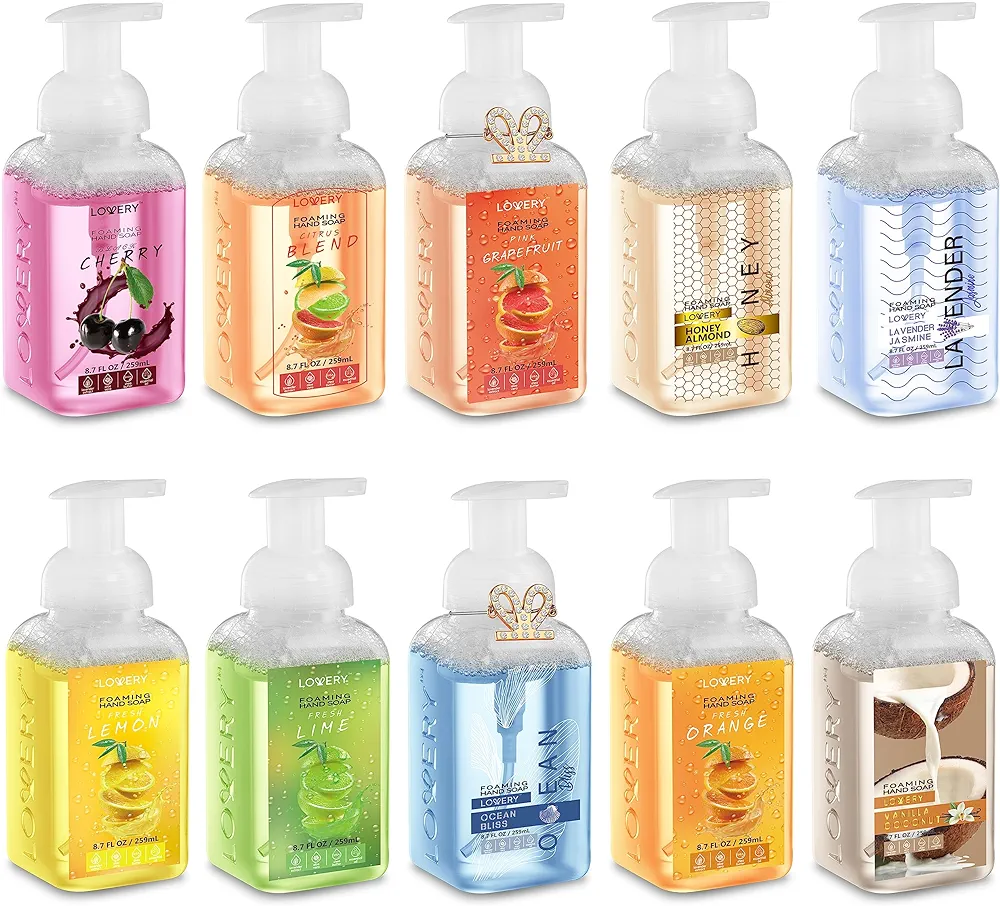 Foaming Hand Soap Pack of 10 - Moisturizing Hand Soap with Aloe Vera and Essential Oils - Alcohol-Free Hand Wash in Citrus Blend, Lemon, Orange, Lime, Grapefruit, Black Cherry Fragrances & More, Scented Hand Wash for Kitchen or Bathroom