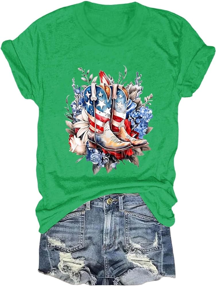 4th of July Shirts for Women Patriotic Independence Day Outfits Cute American Flag Print Tops Short Sleeve V Neck Blouses