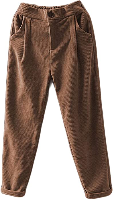 Minibee Women's Cropped Corduroy Pants Elastic Waist Retro Trouser with Pockets