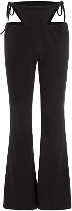 WDIRARA Women's Cut Out Wide Leg Flare Pants High Waist Stretch Self Tie Solid Long Pants