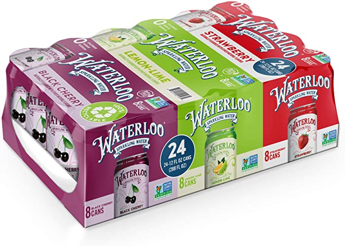 Waterloo Sparkling Water Variety Pack, 12 Fl Oz Cans, Pack of 24, 8 x Black Cherry, 8 x Lemon-Lime, 8 x Strawberry | Zero Calories | Zero Sugar or Artificial Sweeteners | Zero Sodium
