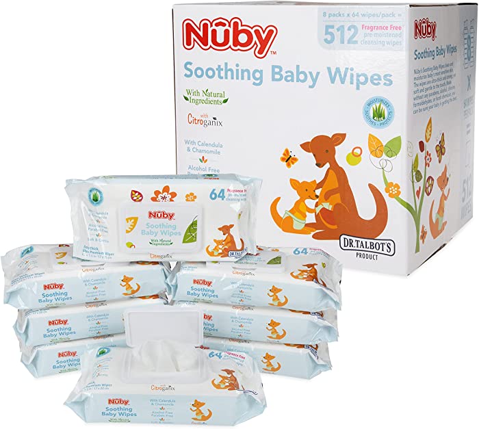 Nuby's Soothing Ultra Premium Baby Wipes Naturally Inspired with Chamomile, Aloe, and Citroganix, Fragrance Free, Extra Thick, 512 Count