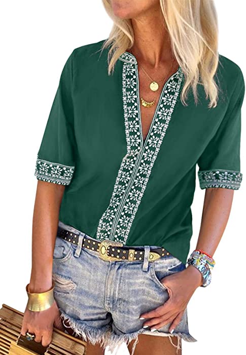 FARYSAYS Women's Summer Boho Embroidered V Neck Short Sleeve Shirts Casual Loose Blouses Tops