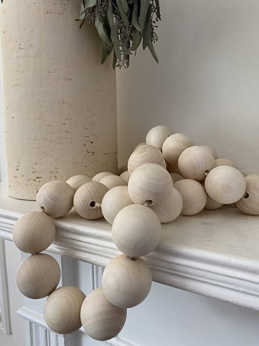 Neutral Wood Bead Garland (X-Large), Pottery Barn Inspired, Contemporary Home Decor, 2 inch Diameter Bead & 79 inch Long Garland