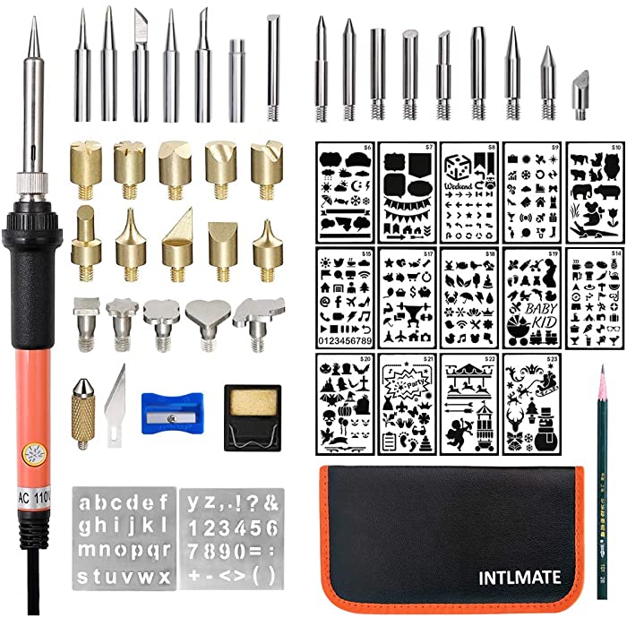 Wood Burning Kit Woodburning Tool with Soldering Iron INTLMATE 54 PCS Woodburner Temperature Adjustable with Soldering Iron Set Pyrography Wood Burning Pen,Embossing/Carving/Soldering Tips+16 Stencils