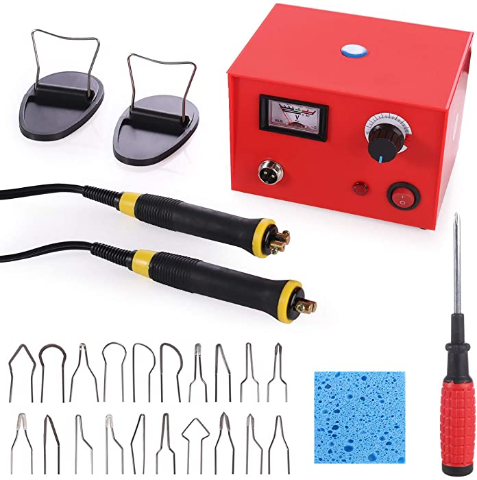 Wood Burning Kit 110V 50W Crafts Gourd Wood Burning Tools Multifunction Pyrography Machine Heating Kit Single Port Wood Burner Tool with 2 Burning Pens 20 Tips Pointer Display Temperature Control Red