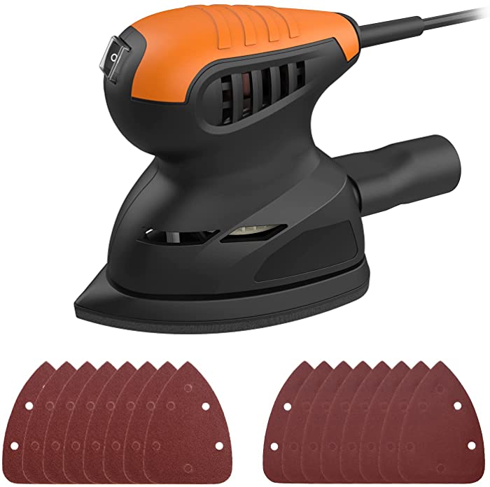 Detail Sander, 13,500 OPM Compact Electric Sander with 16Pcs Sandpapers, Efficient Dust Collection System, Multi-Function 1.0Amp Hand Sander for Woodworking