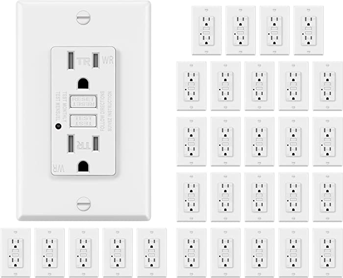 30 Pack - ELECTECK Weather Resistant GFCI Outlet, Outdoor Ground Fault Circuit Interrupter with LED Indicator, 15-Amp Tamper Resistant Receptacle, Decorator Wall Plate Included, ETL Certified, White