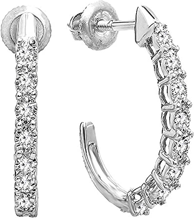 Dazzlingrock Collection 0.15 Carat (ctw) Round Diamond Ladies Fancy J Shaped Classic Hoop Screw Back Earrings | Available in 10K/14K/18K Gold & 925 Sterling Silver