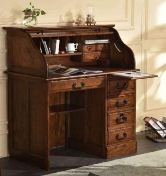 Small Home Office or Student Roll Top Desk- Solid Oak Wood Single Pedestal 42Wx24Dx45H BW Organizer Desk Quality Crafted Construction Locking File Drawers Dovetailed Secretary Desk Easy Assembly
