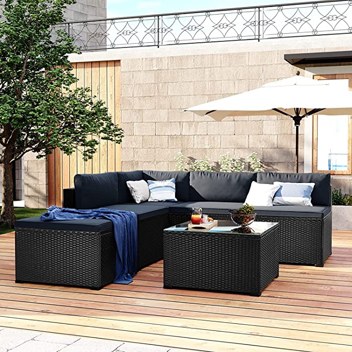 GAOPAN 6 Piece Outdoor Patio All-Weather PE Rattan Couch Modular Conversation Sectional Furniture Sets, Garden Wicker Sofa with Glass Top Coffee Table & Thick Removable Cushion, Black+Grey