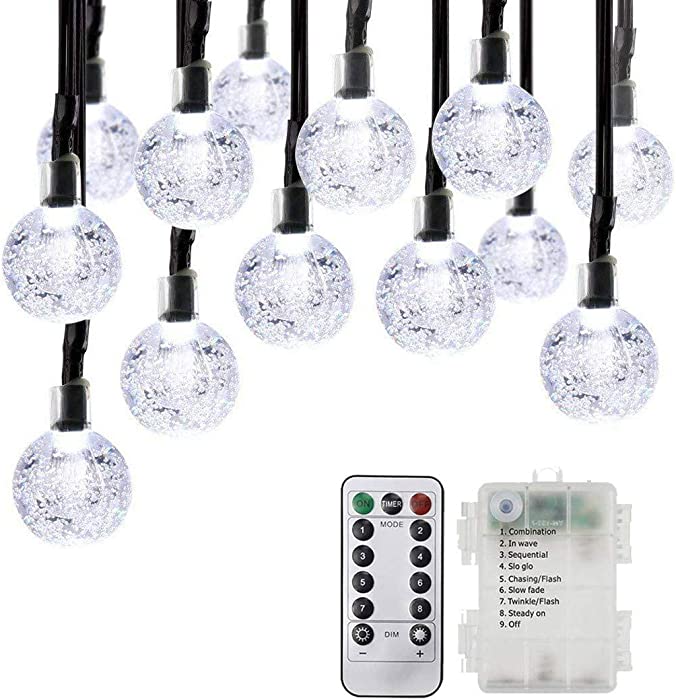 Globe String Lights Battery Operated 33 Feet 60 LED 8 Modes with Remote Control Waterproof Balls Fairy Light Decorative Lighting Indoor Outdoor Use for Yard,Lawn,Gazebo,Garden,Patio,Party (White)