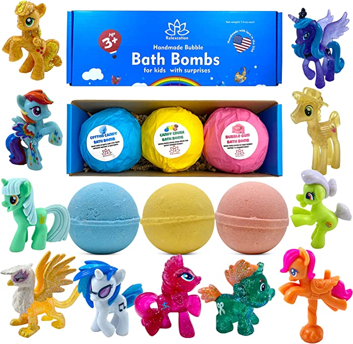 3 Natural Handmade Bath Bombs for Kids with Pony Toys Inside - Cool Surprises for Girls, Boys, Teens - Handmade in USA