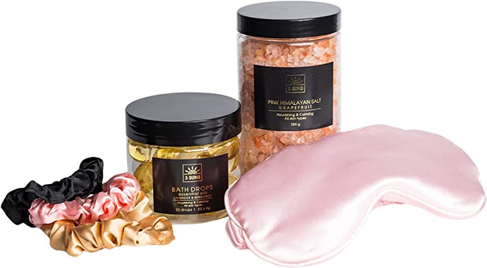 3 Sun's Home Spa Gift Set - Let Your Stress melt Away! - 380g Pink Grapefruit Himalayan Salt, 22 Lavender Bath Drops, 3 Scrunchies, and Sleep Mask