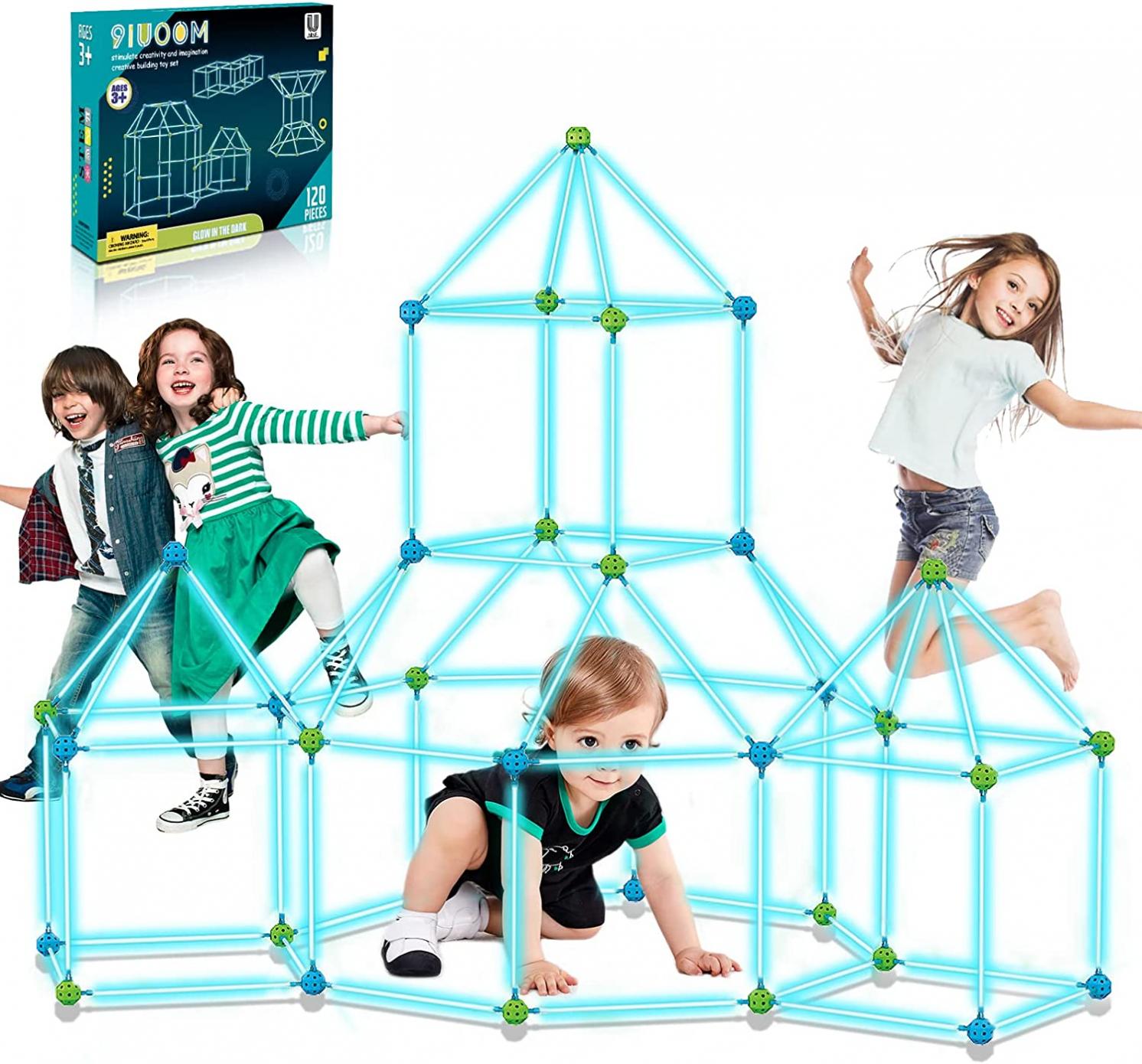 9IUoom Fort Building Kit for Kids 120 Pieces Glow in The Dark Air Forts Builder Gift Construction Toys for 3 4 5 6 7 8 9+ Years Old Boys Girls DIY Fun Fort Building Tunnels Play Tent Indoor Outdoor