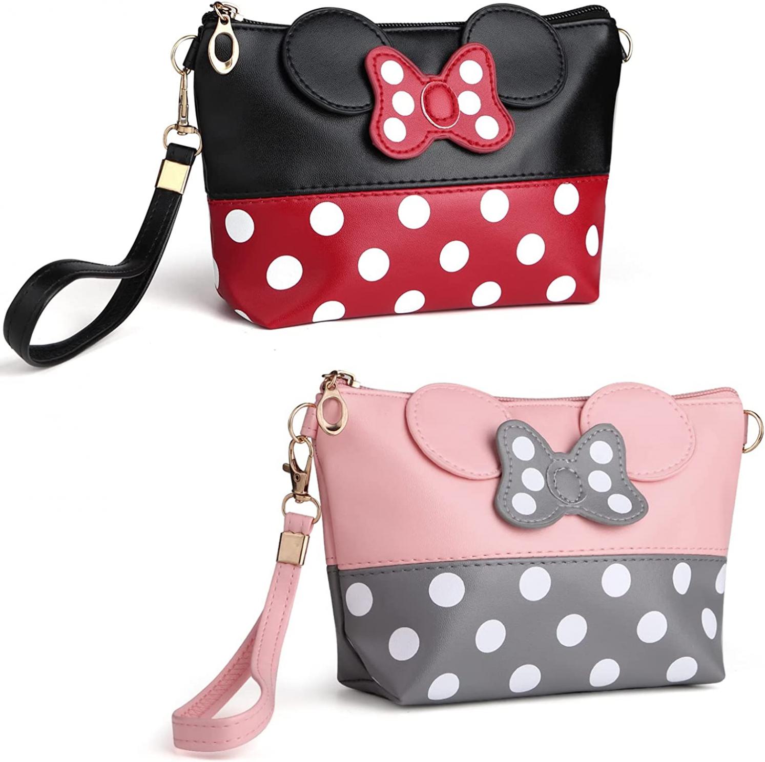 yiwoo 2 Pack Cosmetic Bag Mouse Ears Bag with Zipper,Cartoon Leather Travel Makeup Handbag with Ears and Bow-knot, Cute Portable Cosmetic Bag Toiletry Pouch for Women Teen Girls Kids（Pink&Black）