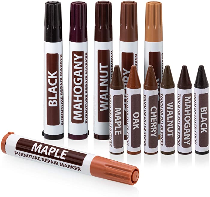 Ram-Pro Furniture Markers Touch Up Repair System - 12Pc Scratch Restore Kit - 6 Felt Tip Wood Markers, 6 Wax Stick Crayons | Colors: Maple, Oak, Cherry, Walnut, Mahogany, Black