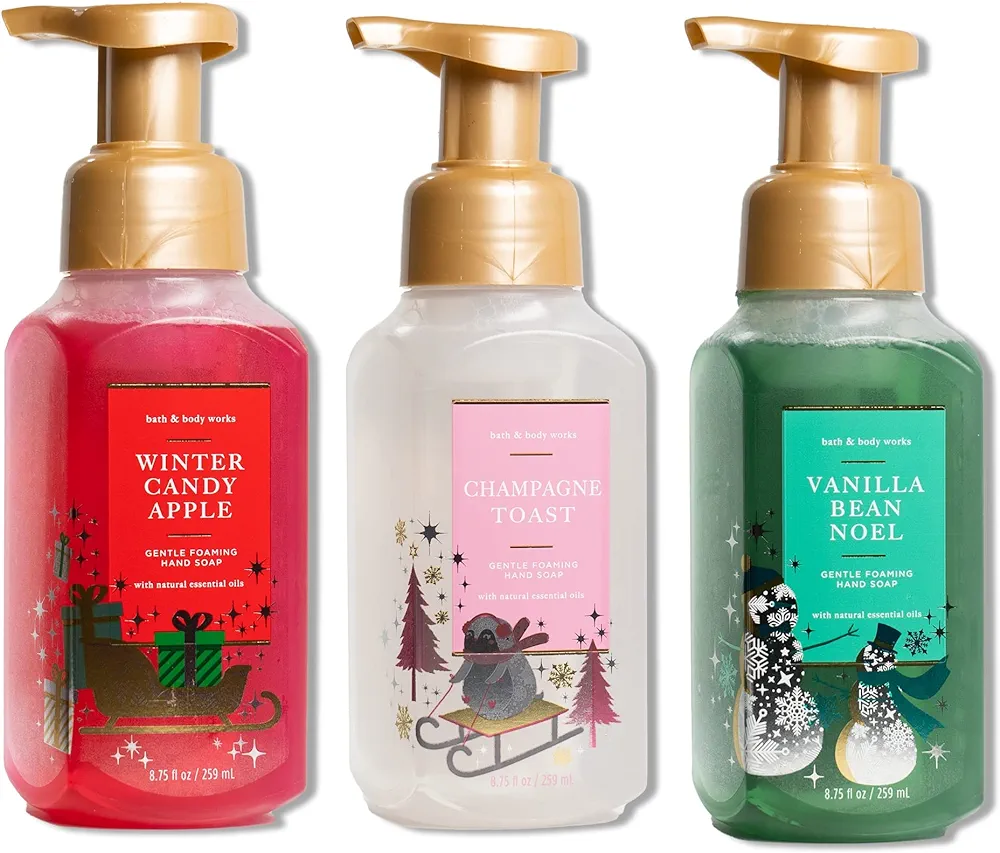 Bath & Body Works Holiday Trio Gentle Foaming Hand Soap Set of 3 - Winter Candy Apple, Vanilla Bean Noel and Champagne Toast. (Bottle Design May Vary)