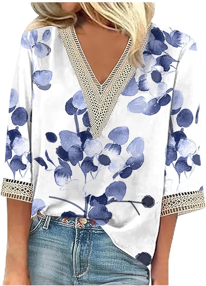 Womens Boho Summer Tops Trendy Marble Print Tunic Shirts Lace Trim V Neck Tunic Blouses Dressy Causal Clothes 2024