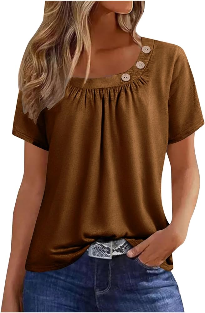 DASAYO Womens Summer Tops Trendy Square Neck Pleated Short Sleeve Shirts Dressy Casual Solid Color Blouse Ladies Fashion 2024