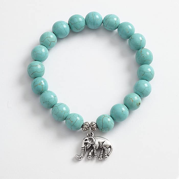 Talbot Fashion Reconstituted Turquoise Stretch Bracelet with Elephant Charm