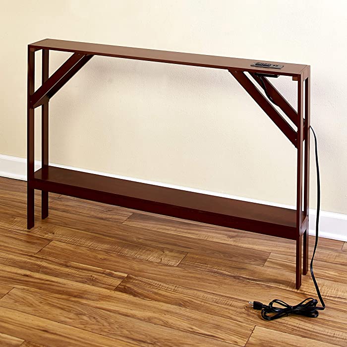 Skinny Sofa Table with Outlet - Modern Accent Table with Walnut Finish